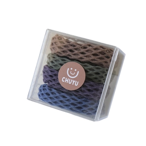 Set of four durable mesh hair ties in brown, green, purple and blue in a clear box