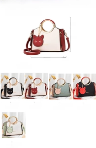 Detail view of the handbag showing 25x12x18cm dimensions and five color variants