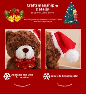 Close-up of curly brown teddy bear with Merry Christmas ribbon and festive Santa hat