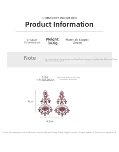 Detailed view of pink zircon tassel earrings with copper base showing precise measurements