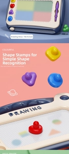Detail view of magnetic drawing board with 19x10.5cm drawing area and 4 shape stamps