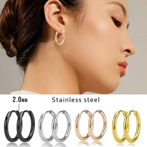 Detail view of 2.0mm stainless steel hoop earrings in black, silver, rose gold and gold