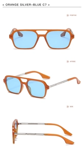 Three-view display of aviator sunglasses with orange frames and blue lenses