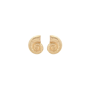 Detailed view of gold spiral conch shell earrings with textured metallic vintage design