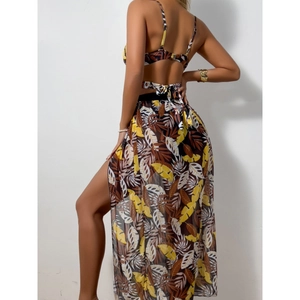 Three-piece bikini set with tropical leaf print and high-slit long mesh skirt for women
