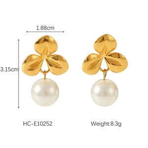 Detail showing 18K gold-plated flower pearl earrings with precise 1.88cm x 3.15cm dimensions