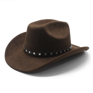 Classic dark brown suede western cowboy hat featuring a black studded leather band