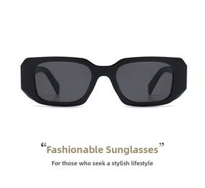 Close-up of thick square-frame black sunglasses with polished finish and modern design