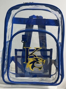 Detailed front view of a clear PVC waterproof backpack with navy blue trim and logo