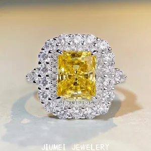 925 Sterling Silver Ring Radiant Cut Square Carbon Diamond Luxury Double Halo Wedding Engagement Jewelry For Women