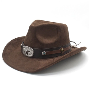 Western Cowboy Hat Suede Wide Brim Fedora Bull Head Metal Buckle Leather Belt Ethnic Vintage Style Men Women Outdoor