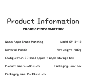 Detailed specifications for plastic apple matching puzzle toy with dimensions and weight info