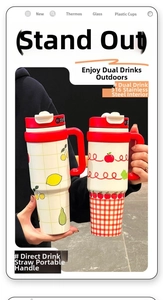 Détail du gobelet isotherme en acier 316 avec motifs de fruits et poignée rouge