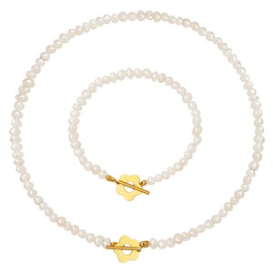 Baroque freshwater pearl necklace and bracelet set with golden flower toggle clasp