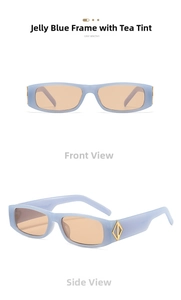 Detailed view of rectangle sunglasses in jelly blue with tea lenses and gold hardware