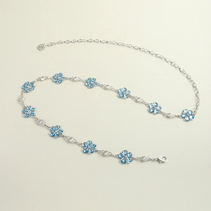 Silver chain belt with blue crystal flowers and rhinestones for summer dresses