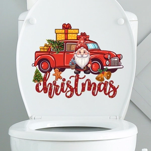 Close-up of waterproof Christmas toilet lid decal with Santa Claus and red gift truck
