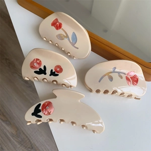 Elegant cream beige hair claws set with 3D floral rose patterns and rhinestones