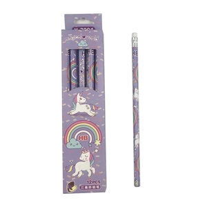 Pack of 12 HB triangular wooden pencils with magical rainbow unicorn patterns and box