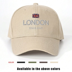 Beige baseball cap with London England embroidery and UK flag in high quality twill cotton