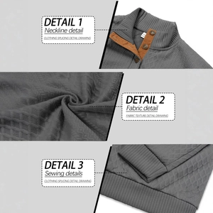 Men's grey stand collar sweatshirt with geometric texture and button placket