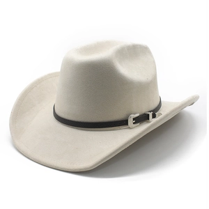 Minimalist beige suede western cowboy hat with a thin black leather belt and silver buckle