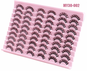 Detailed view of 30 pairs of Russian volume false eyelashes in a pink display tray