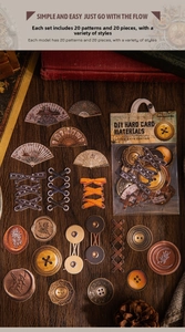 Detailed close-up of retro DIY scrapbook card stickers with vintage seals and buttons