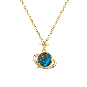 Gold titanium steel necklace with starry blue planet pendant and sparkling crystals