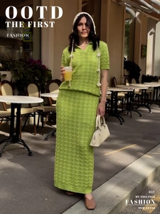 Detail of lime green knit set showing wave crochet texture and hollow out design