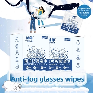 Macro detail of anti-fog wipes packaging for glasses, screens, and optical lenses