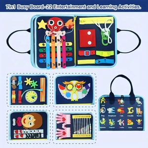 Close-up of blue 7-in-1 Montessori busy board featuring 22 educational learning activities