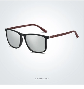 Detailed 45-degree side view of matte black polarized sunglasses with silver mirror lenses