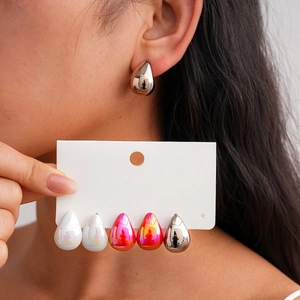Ten-piece set of colorful acrylic teardrop stud earrings in metallic and pearl finishes