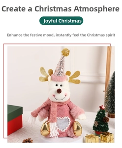 Pink reindeer plush Christmas gift bag with gold antlers and transparent heart window