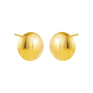 Close-up of golden stainless steel hoop earrings with elegant vertical stripe texture