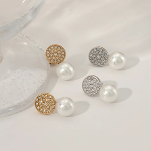 Elegant stainless steel pearl drop earrings with sparkling rhinestones in gold and silver