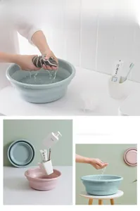 Detail view of the space-saving snap type design on a multi-color foldable basin