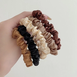 Set of 5 minimalist silk satin scrunchies in brown, beige, and black neutral colors