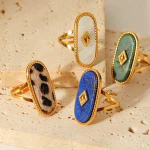 18K gold stainless steel open rings with natural stones and shell on beige stone