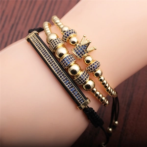 Crown Zircon Braided Bracelets For Men Adjustable Copper Micro Pave Blue Stone Fashion Jewelry Elegant Accessory