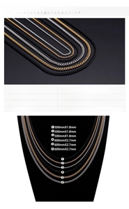 Size chart showing stainless steel extension chains in gold, black, and silver finishes