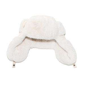 Close-up of plush faux rabbit fur earflaps with adjustable snap button and strap