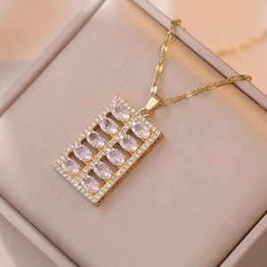 Gold-plated titanium steel necklace with a square zircon-encrusted abacus pendant