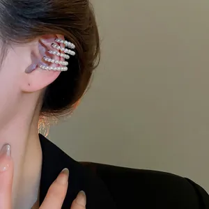 French style multi-layer pearl ear cuff clips for non-pierced ears on a model