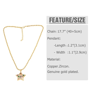 Detail view of gold star pendant with rainbow zircon and dimensions specifications