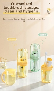 Detail view of portable cartoon bear and dog travel toothbrush cups in yellow and green