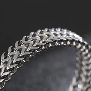 Men's punk double row keel chain bracelet in silver stainless steel and black leather