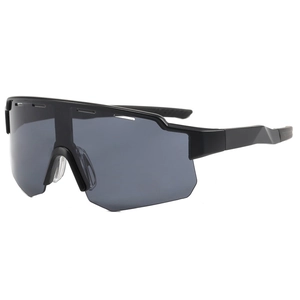 Outdoor sports cycling sunglasses with black frame and dark grey oversized one-piece lens
