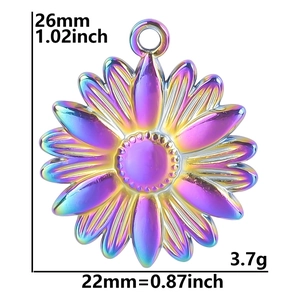 Detail showing dimensions of rainbow sunflower pendant with 26mm height and 22mm width